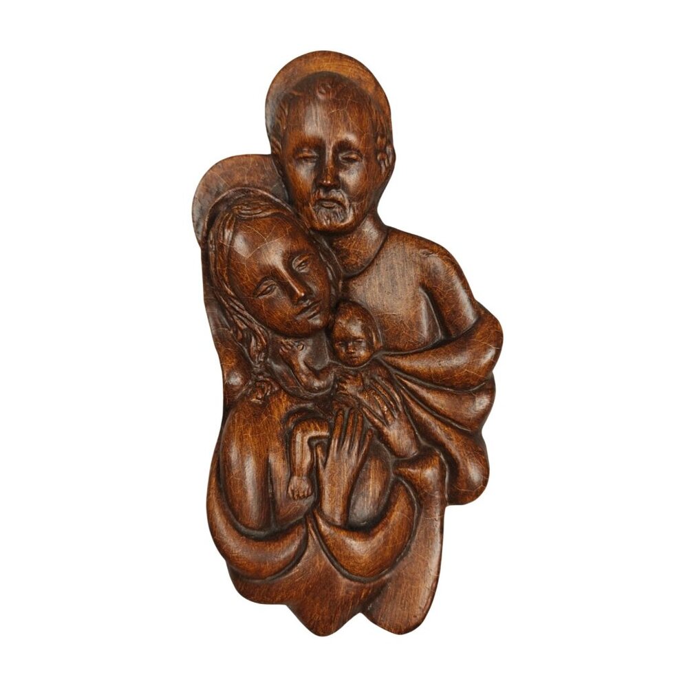 Vintage Handcrafted Italian Ceramic Holy Family Wall Art Plaque 8" Wooden Effect